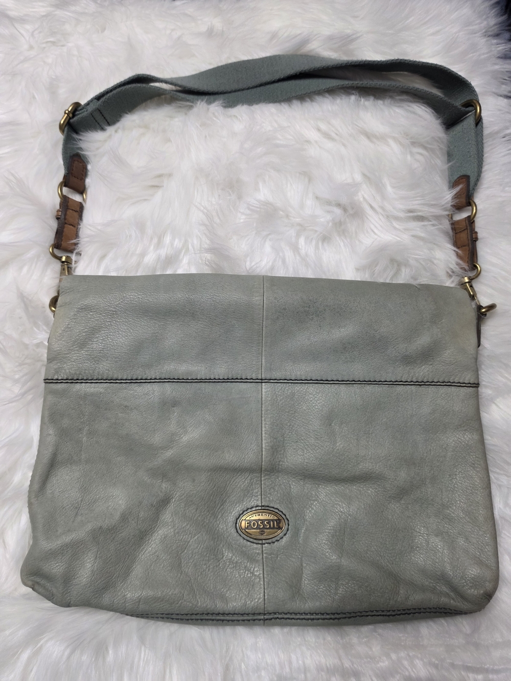 Fossil Women's Messenger Bag in Sage Green with Brown Accents